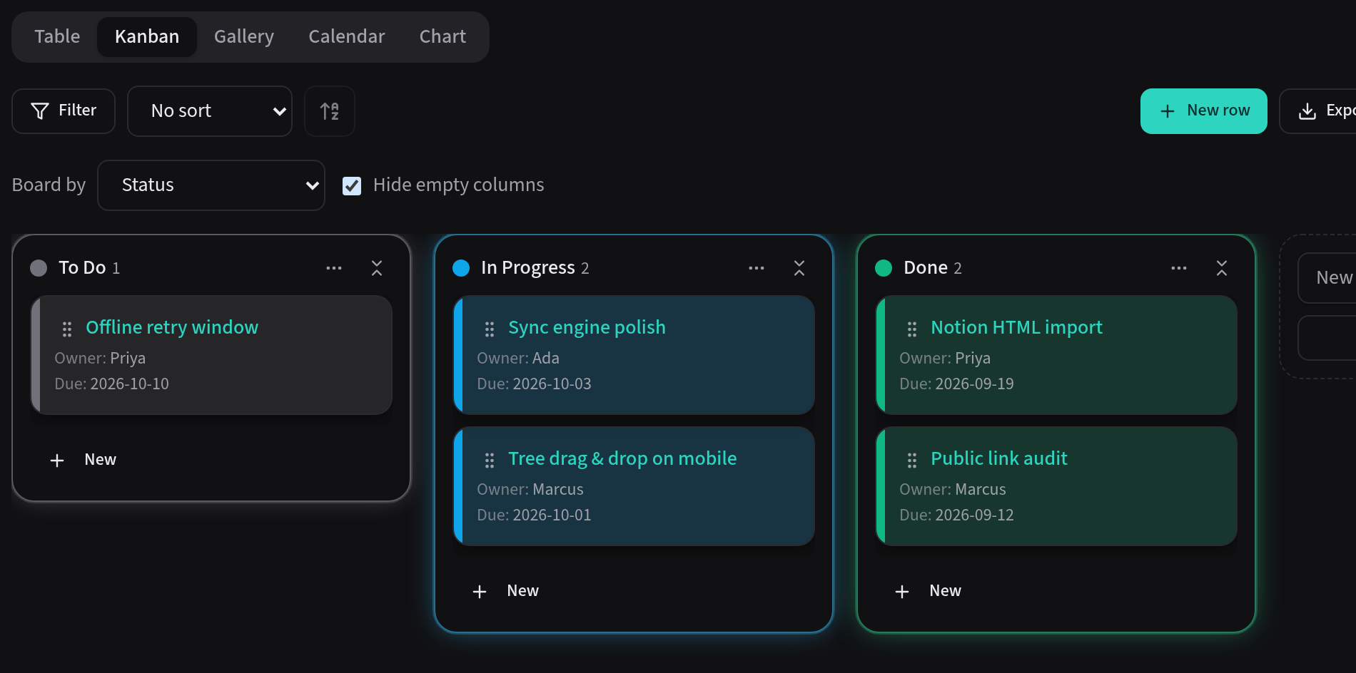 A Mnemo database in Kanban view: To Do, In Progress, and Done columns with task cards showing owner and due date, and Table, Gallery, Calendar, and Chart tabs above.
